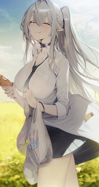Anime picture 2185x4096 with original chyan single long hair tall image blush fringe highres breasts hair between eyes large breasts holding payot sky ahoge outdoors ponytail eyes closed pleated skirt pointy ears