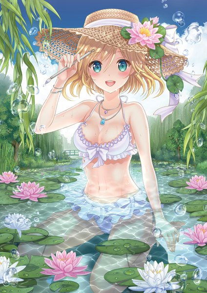 Anime picture 1000x1414 with original sakura moyon single tall image blush fringe short hair breasts open mouth light erotic blonde hair smile hair between eyes large breasts sitting bare shoulders sky cleavage cloud (clouds) arm up