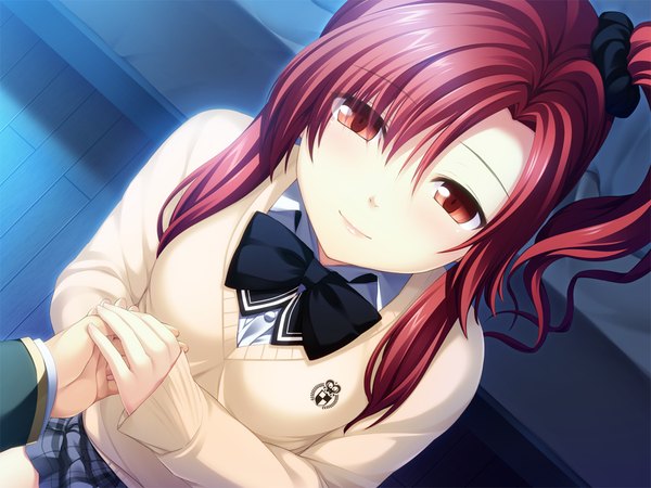 Anime picture 1024x768 with joker (game) oryou long hair red eyes game cg ponytail red hair girl uniform school uniform bowtie sweater
