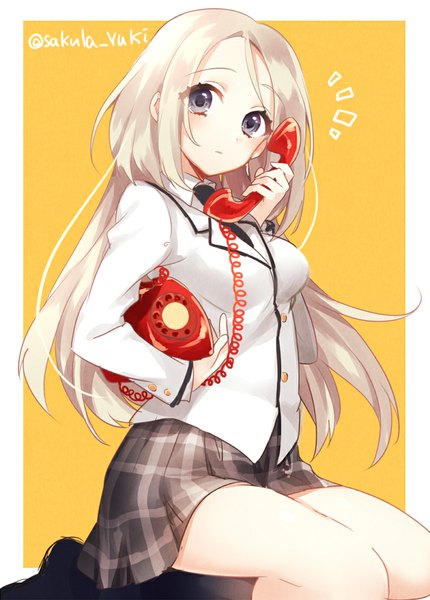 Anime picture 759x1060 with sakura yuki (clochette) single long hair tall image blush fringe breasts simple background blonde hair sitting holding signed looking away bent knee (knees) pleated skirt grey eyes legs plaid skirt framed surprised