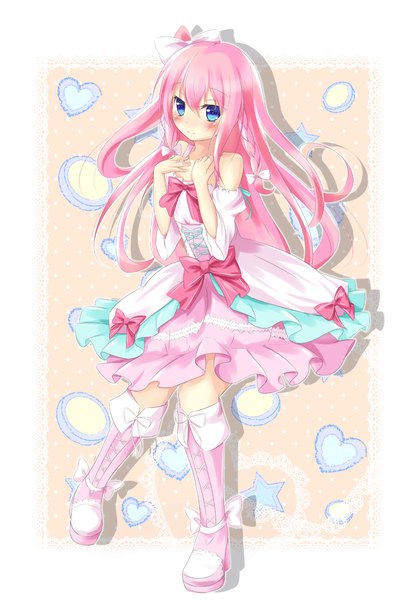 Anime picture 1000x1434 with yuuyu single long hair tall image looking at viewer blush blue eyes bare shoulders pink hair girl dress bow hair bow detached sleeves boots