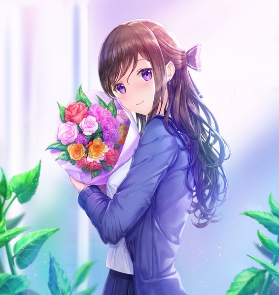Anime picture 1268x1342 with original lunacle single long hair tall image looking at viewer blush fringe hair between eyes brown hair standing purple eyes holding payot upper body looking back light smile half updo sailor collar girl