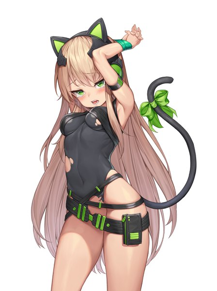 Anime picture 2432x3256 with girls frontline tmp (girls frontline) mokew single long hair tall image looking at viewer blush fringe highres breasts open mouth light erotic simple background blonde hair standing white background green eyes animal ears tail