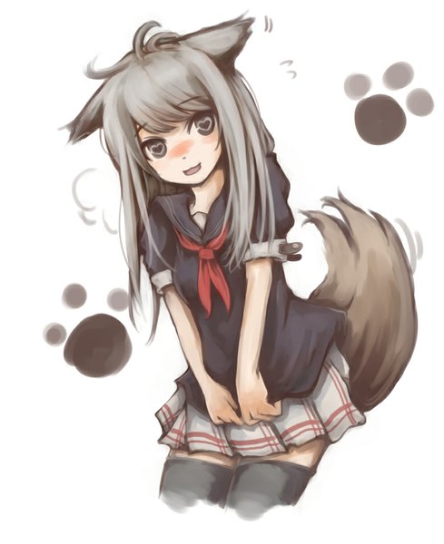 Anime picture 868x1064 with original rylsnow single long hair tall image blush fringe open mouth white background animal ears looking away ahoge tail animal tail pleated skirt grey hair grey eyes embarrassed symbol-shaped pupils wolf ears