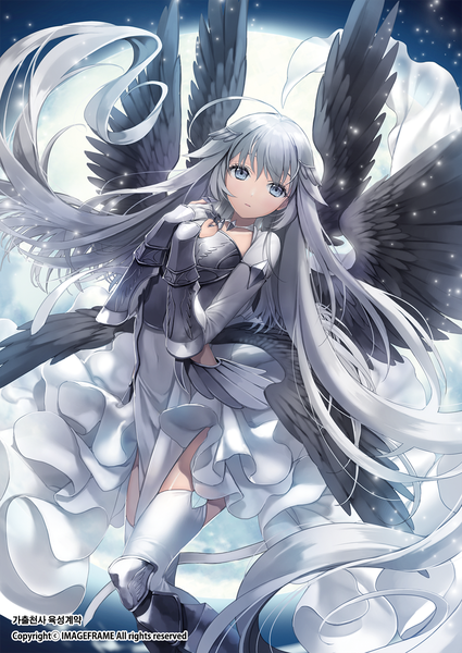 イラスト 1000x1413 と ice (ice aptx) ソロ 長身像 カメラ目線 前髪 hair between eyes 銀髪 アホ毛 very long hair 風 night sparkle 絶対領域 night sky copyright name black wings silver eyes hands clasped multiple wings 女の子