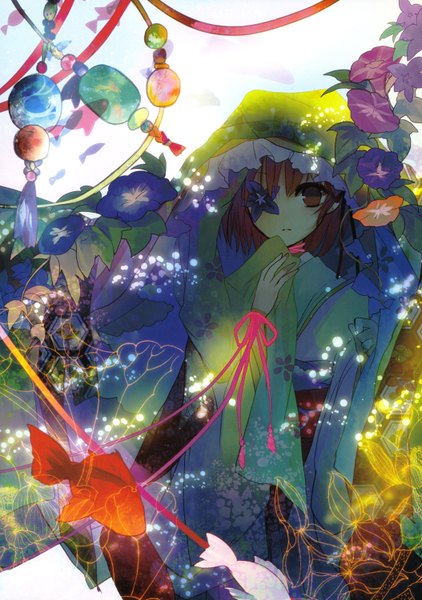 Anime picture 2108x3000 with original mousou miarei engichou (artbook) tagme (artist) single tall image looking at viewer highres short hair brown hair white background brown eyes traditional clothes japanese clothes scan girl flower (flowers) plant (plants) animal hood fish (fishes)