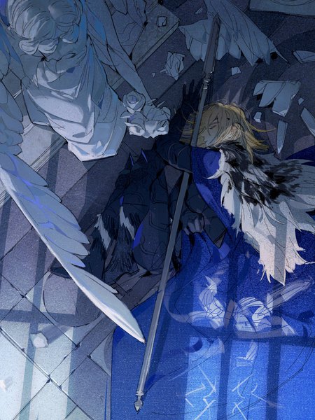 Anime picture 1535x2048 with fire emblem fire emblem: three houses nintendo dimitri alexandre blaiddyd moku (urotozm) single tall image short hair blonde hair lying eyes closed profile from above dutch angle on side sleeping embryo's pose broken boy weapon