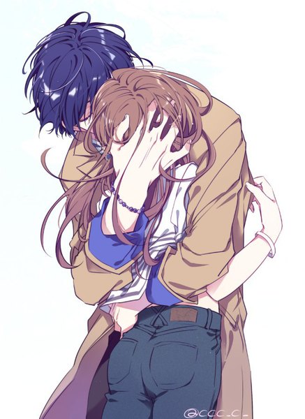 Anime picture 654x898 with a3! tachibana izumi (a3!) tsukioka tsumugi c (ccc_c_) long hair tall image short hair simple background brown hair standing white background signed blue hair eyes closed from behind midriff couple hug twitter username kiss