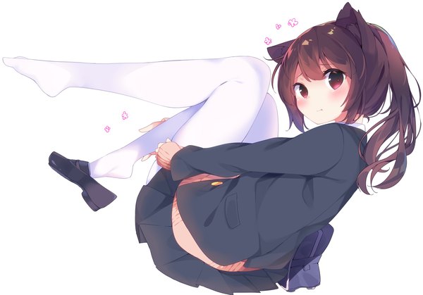 Anime picture 2000x1399 with original chikuwa. single long hair looking at viewer blush fringe highres simple background hair between eyes red eyes brown hair white background sitting animal ears full body bent knee (knees) ponytail pleated skirt cat ears