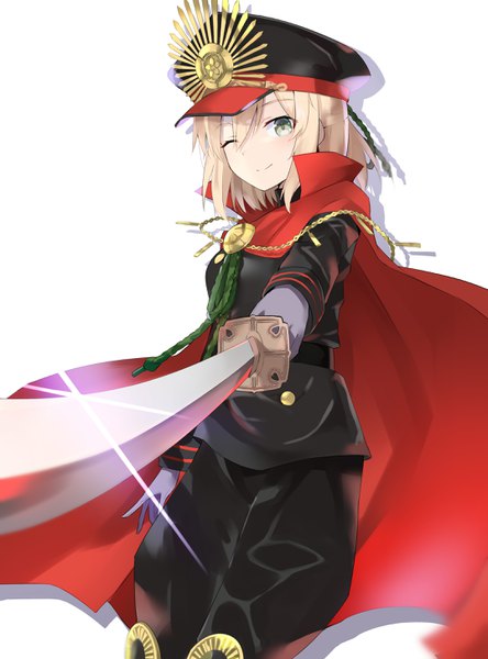 Anime picture 2149x2900 with fate (series) koha-ace okita souji (fate) (all) okita souji (koha-ace) oda nobunaga (fate) (all) oda nobunaga (fate) 100% single tall image looking at viewer blush fringe highres short hair blonde hair simple background smile hair between eyes standing white background