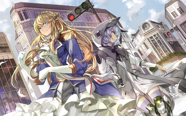 Anime picture 1400x875 with saberiii long hair blue eyes blonde hair multiple girls green eyes looking away sky silver hair cloud (clouds) girl dress gloves 2 girls white gloves hood traffic lights