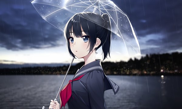 Anime picture 1803x1080 with original the cold single blush fringe highres short hair blue eyes black hair hair between eyes wide image holding looking away sky cloud (clouds) upper body outdoors ponytail parted lips blurry
