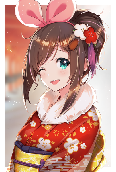 Anime picture 1014x1500 with virtual youtuber a.i. channel kizuna ai neginoki single tall image fringe short hair open mouth smile brown hair payot traditional clothes japanese clothes one eye closed multicolored hair aqua eyes wink two-tone hair depth of field