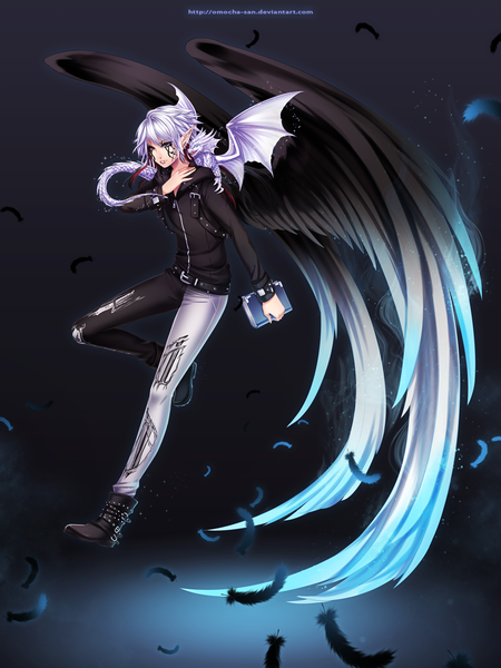 Anime picture 1029x1371 with original zenithomocha single tall image short hair blue eyes simple background signed purple hair pointy ears torn clothes black wings face paint boy wings boots bracelet belt feather (feathers) dragon