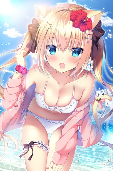 Anime picture 700x1058 with original shibainu niki single long hair tall image looking at viewer blush fringe open mouth blue eyes light erotic blonde hair hair between eyes twintails bare shoulders animal ears sky cleavage cloud (clouds) outdoors
