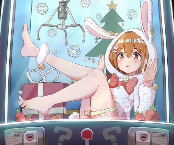 Anime picture 3600x3000 with original qiufengxiaose single highres short hair light erotic brown hair brown eyes animal ears absurdres long sleeves parted lips barefoot bunny ears thighs christmas bunny girl animal hood in container in box