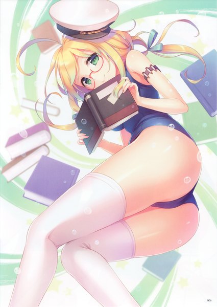 Anime picture 2138x3021 with kantai collection i-8 submarine an2a single long hair tall image looking at viewer blush highres light erotic blonde hair smile twintails holding green eyes ahoge bent knee (knees) ass lying scan