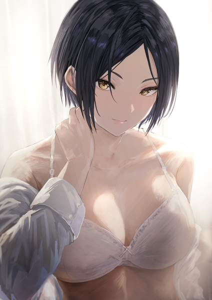 Anime picture 2894x4093 with idolmaster idolmaster cinderella girls hayami kanade misaki nonaka single tall image looking at viewer fringe highres short hair breasts light erotic black hair simple background large breasts yellow eyes upper body light smile off shoulder open shirt