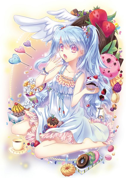 Anime picture 827x1169 with original cu-rim long hair tall image looking at viewer blush open mouth blue hair pink eyes barefoot bare legs girl dress food sweets sundress berry (berries) candy cake lollipop