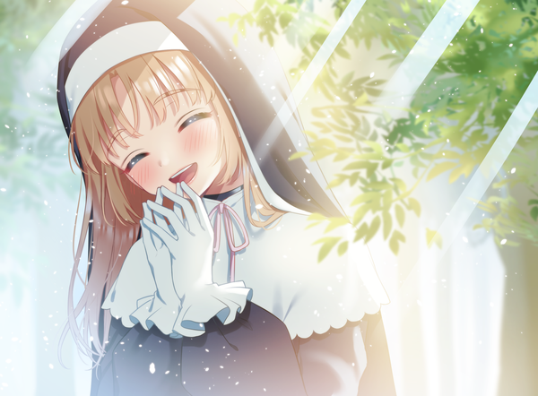 Anime picture 2300x1695 with virtual youtuber nijisanji sister cleaire hina (hinalovesugita) single long hair blush fringe highres open mouth blonde hair upper body outdoors eyes closed head tilt sunlight ^ ^ ^o^ nun fingers together