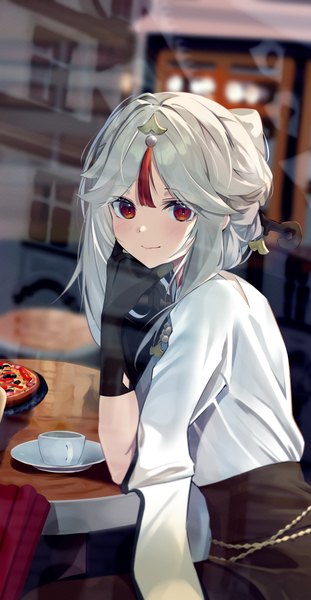 Anime picture 3803x7327 with genshin impact ningguang (genshin impact) suzu (user kdex8732) single long hair tall image looking at viewer highres smile red eyes sitting absurdres silver hair alternate costume girl gloves hair ornament black gloves cup hairpin (hairpins)