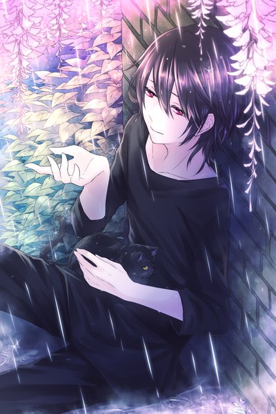 Anime picture 1500x2250 with original yoizuru single tall image fringe short hair black hair hair between eyes red eyes sitting looking away wet rain against wall brick wall boy flower (flowers) animal cat wall