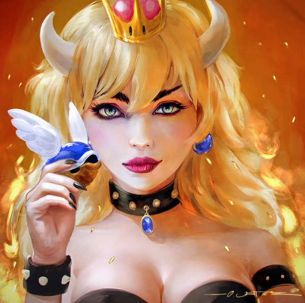 Anime picture 1190x1184 with super mario bros. new super mario bros. u deluxe bowsette oliver wetter single long hair looking at viewer fringe breasts blue eyes light erotic simple background blonde hair hair between eyes large breasts bare shoulders holding signed cleavage upper body