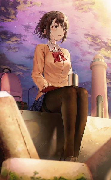 Anime picture 2080x3355 with original hyonee single tall image looking at viewer blush fringe highres short hair open mouth brown hair sitting yellow eyes looking away sky cloud (clouds) full body bent knee (knees) outdoors braid (braids)