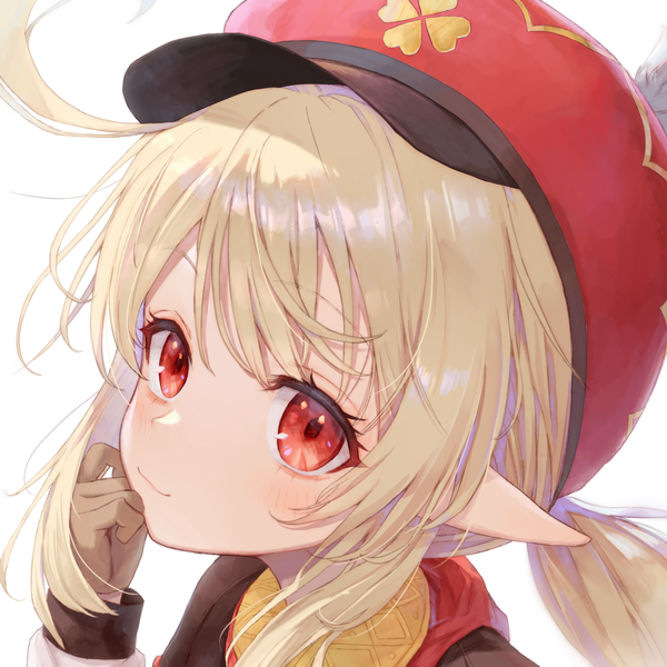 Anime picture 1500x1500 with genshin impact klee (genshin impact) ivwarrr single long hair simple background blonde hair smile red eyes white background upper body ahoge pointy ears portrait girl gloves hat cabbie hat