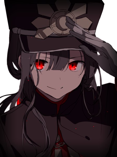 Anime picture 720x960 with fate (series) fate/grand order oda nobukatsu (fate) hiiragi fuyuki single long hair tall image looking at viewer fringe black hair simple background hair between eyes red eyes white background upper body light smile salute boy gloves white gloves