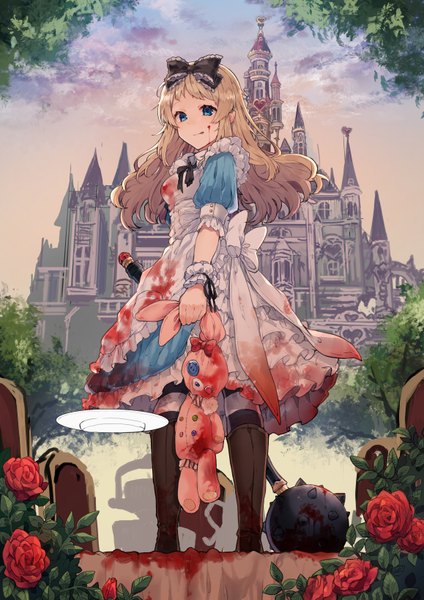 Anime picture 579x819 with alice in wonderland alice (wonderland) ikeuchi tanuma single long hair tall image looking at viewer fringe blue eyes blonde hair standing holding cloud (clouds) full body outdoors puffy sleeves frilled dress blood on face bloody clothes bloody weapon