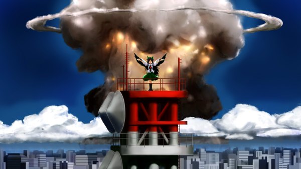 Anime picture 2400x1350 with mousou dairinin touhou reiuji utsuho tsuyuki (yukitgraph) highres black hair wide image parody explosion girl ribbon (ribbons) wings mushroom cloud nuke