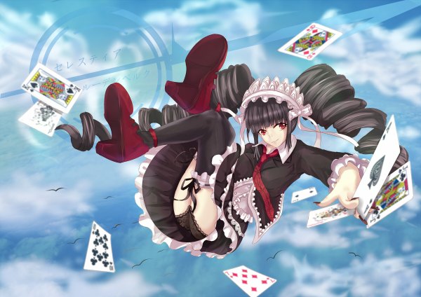 Anime picture 1200x848 with dangan ronpa celestia ludenberg white crow single long hair looking at viewer light erotic smile red eyes twintails sky cloud (clouds) full body nail polish drill hair curly hair girl thighhighs skirt hair ornament