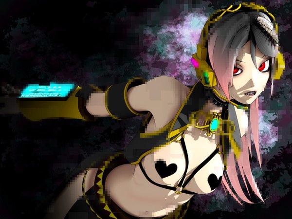 Anime picture 1500x1125 with vocaloid bacterial contamination (vocaloid) megurine luka single long hair looking at viewer breasts light erotic red eyes pink hair teeth midriff sharp teeth girl navel detached sleeves