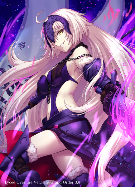 Anime picture 1000x1384 with fate (series) fate/grand order jeanne d'arc (fate) (all) jeanne d'arc alter (fate) jeanne d'arc alter (avenger) (third ascension) (fate) sakiyamama single long hair tall image looking at viewer fringe breasts light erotic hair between eyes standing holding yellow eyes silver hair ahoge parted lips