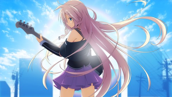 Anime picture 1920x1080 with vocaloid ia (vocaloid) yuzuki kei single long hair looking at viewer highres blue eyes blonde hair smile wide image standing bare shoulders sky cloud (clouds) braid (braids) pleated skirt sunlight back city