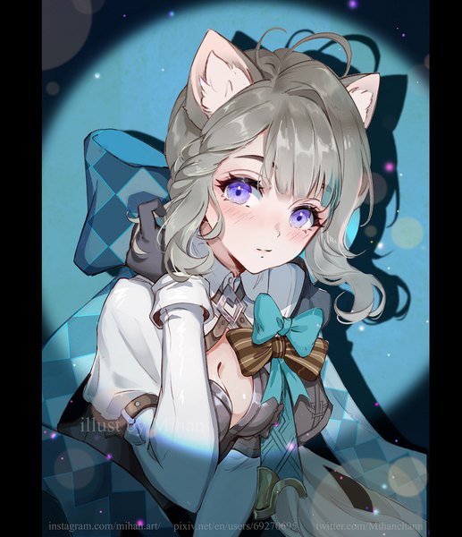 Anime picture 1192x1384 with genshin impact lynette (genshin impact) mihan77108047 single tall image looking at viewer blush short hair purple eyes signed animal ears cleavage upper body ahoge grey hair cat ears shadow leaning leaning forward watermark