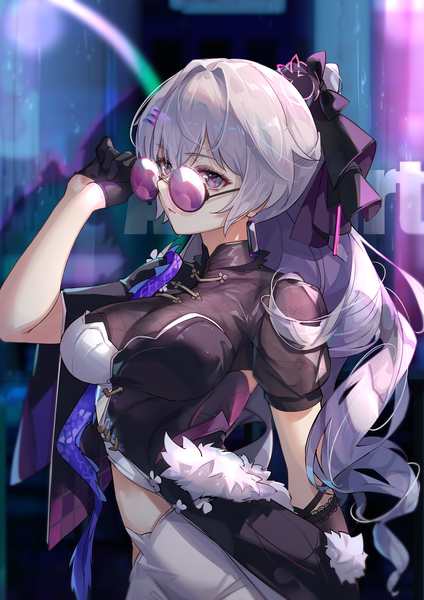 Anime picture 2121x3000 with honkai impact 3rd honkai (series) bronya zaychik bronya zaychik (silverwing: n-ex) zomzomzomsauce single long hair tall image looking at viewer fringe highres breasts light erotic hair between eyes large breasts standing ponytail arm up grey hair short sleeves