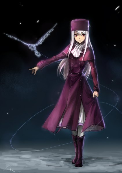 Anime picture 2079x2953 with fate (series) fate/stay night type-moon illyasviel von einzbern linjie single long hair tall image looking at viewer highres red eyes white hair dark background fur hat girl hat boots coat cap