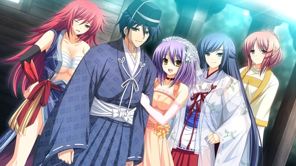 Anime picture 1280x720 with sengoku hime long hair short hair blue eyes black hair red eyes wide image multiple girls yellow eyes game cg purple hair red hair girl dress boy 4 girls