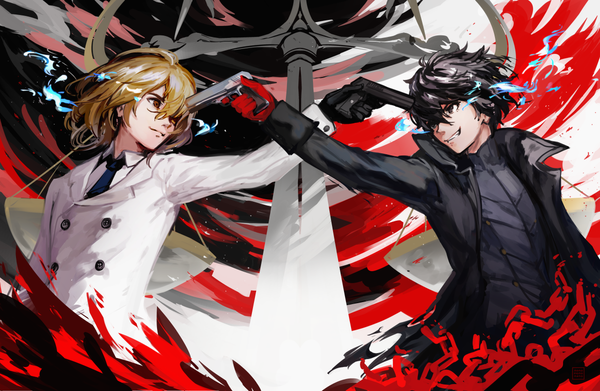 Anime picture 1200x783 with persona 5 persona amamiya ren akechi gorou k (sktchblg) fringe short hair black hair blonde hair smile hair between eyes holding brown eyes looking away multiple boys from below boy gloves weapon black gloves