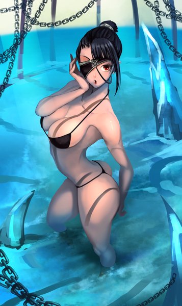 Anime picture 893x1500 with original dsqk03 single tall image short hair breasts open mouth light erotic black hair red eyes large breasts girl swimsuit bikini water chain black bikini eyepatch