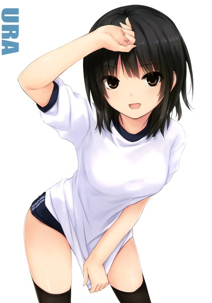 Anime picture 2459x3500 with original aoyama sumika coffee-kizoku single tall image looking at viewer highres short hair open mouth black hair simple background white background brown eyes scan girl thighhighs uniform black thighhighs gym uniform
