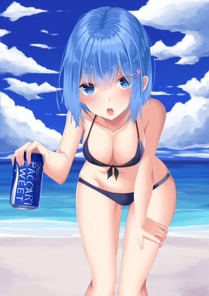 Anime picture 1000x1417 with original pocari sweat shikapiro single tall image looking at viewer blush fringe short hair breasts open mouth blue eyes light erotic hair between eyes large breasts standing bare shoulders holding blue hair sky
