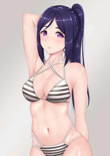 Anime picture 2508x3541 with love live! sunshine!! sunrise (studio) love live! matsuura kanan arhah single long hair tall image looking at viewer blush fringe highres breasts light erotic simple background hair between eyes large breasts standing purple eyes payot