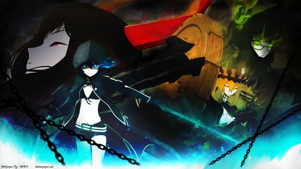 Anime picture 1920x1080 with black rock shooter black rock shooter (character) dead master black gold saw chariot (black rock shooter) highres blue eyes red eyes wide image multiple girls green eyes yellow eyes horn (horns) green hair orange hair wallpaper girl navel weapon sword