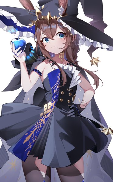 Anime picture 2534x4093 with arknights ambience synesthesia amiya (arknights) dowal single long hair tall image fringe highres blue eyes hair between eyes brown hair standing animal ears looking away bunny ears hand on hip official alternate costume girl dress