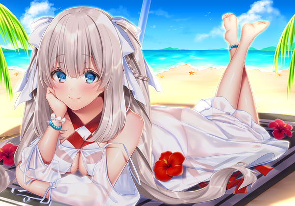 Anime picture 2344x1640 with fate (series) fate/grand order nero claudius (fate) (all) nero claudius (swimsuit caster) (fate) marie antoinette (fate/grand order) marie antoinette (swimsuit caster) (fate) navy (navy.blue) single long hair looking at viewer blush fringe highres blue eyes light erotic smile hair between eyes twintails payot sky