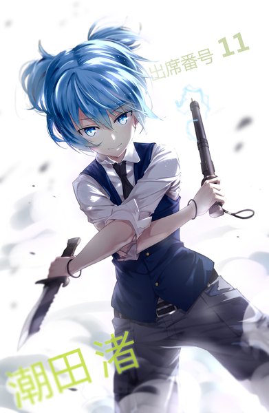 Anime picture 1240x1900 with ansatsu kyoushitsu shiota nagisa lf single tall image fringe short hair blue eyes hair between eyes white background blue hair light smile dutch angle character names hieroglyph electricity boy necktie belt pants