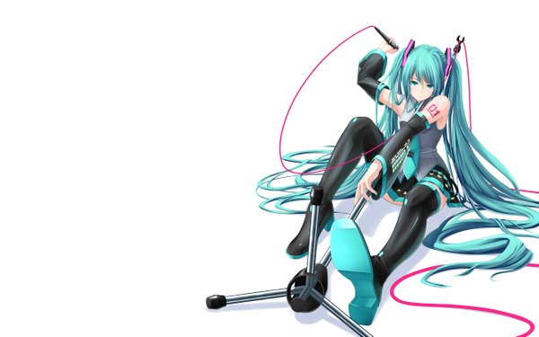 Anime picture 2640x1650 with vocaloid hatsune miku highres blue eyes wide image white background twintails very long hair green hair girl detached sleeves thigh boots microphone wire (wires) microphone stand